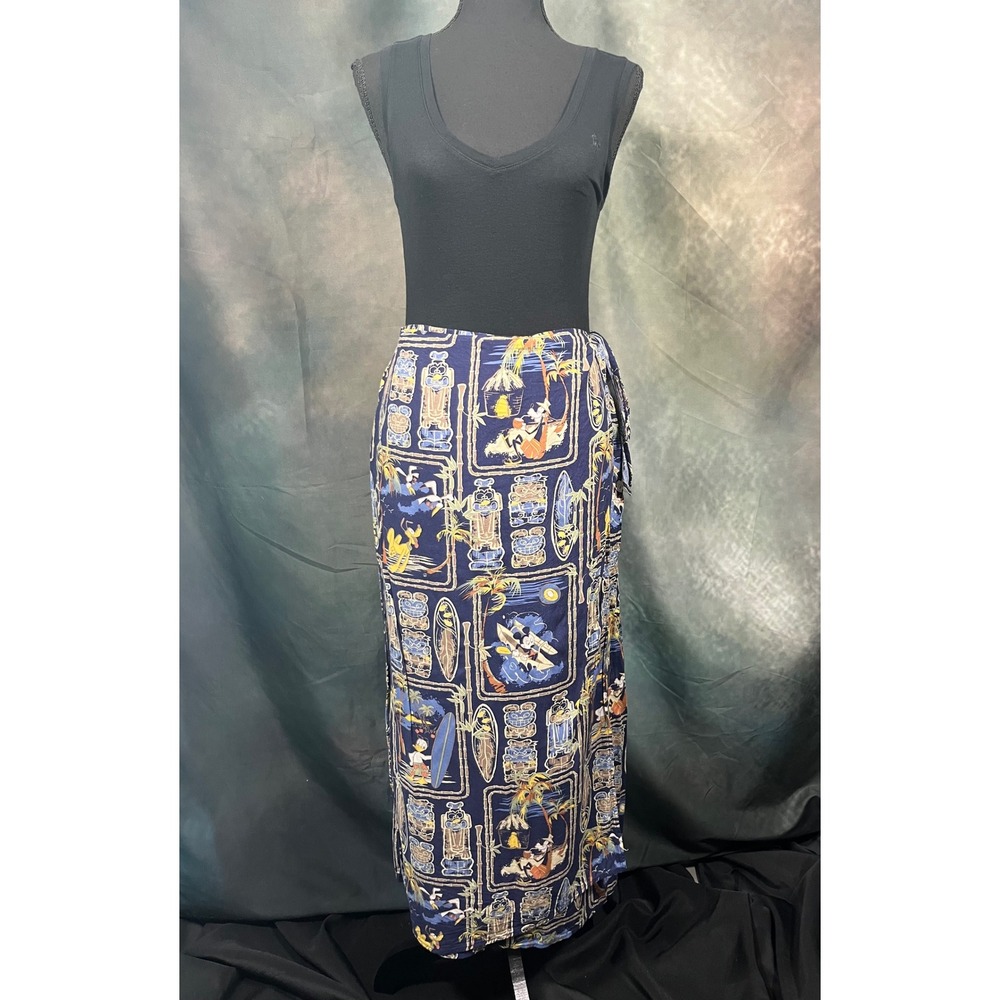 Disney Store Mickey Mouse Tiki Hawaiian Wrap Maxi Skirt Navy Blue Women Large